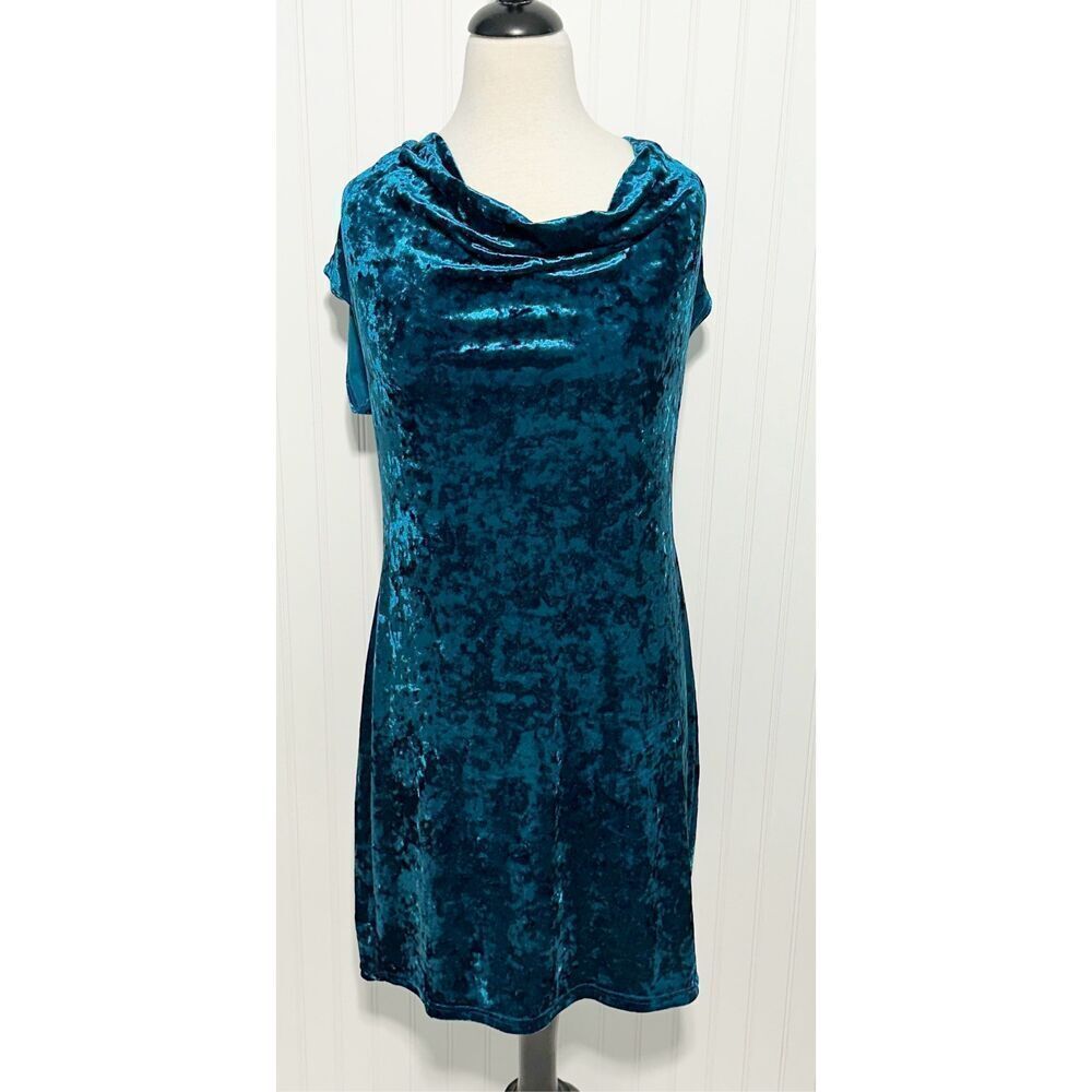 Karin Stevens Scoop Neck Stretchy Velvet Dress Teal Blue Women's Cowl Size 14